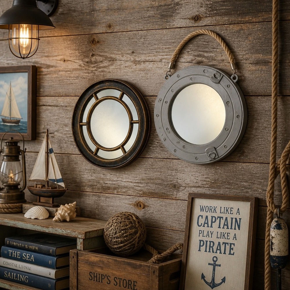 Porthole Mirror Set Gray Bronze Nautical Coastal Wall Decor Beach House Lake Art